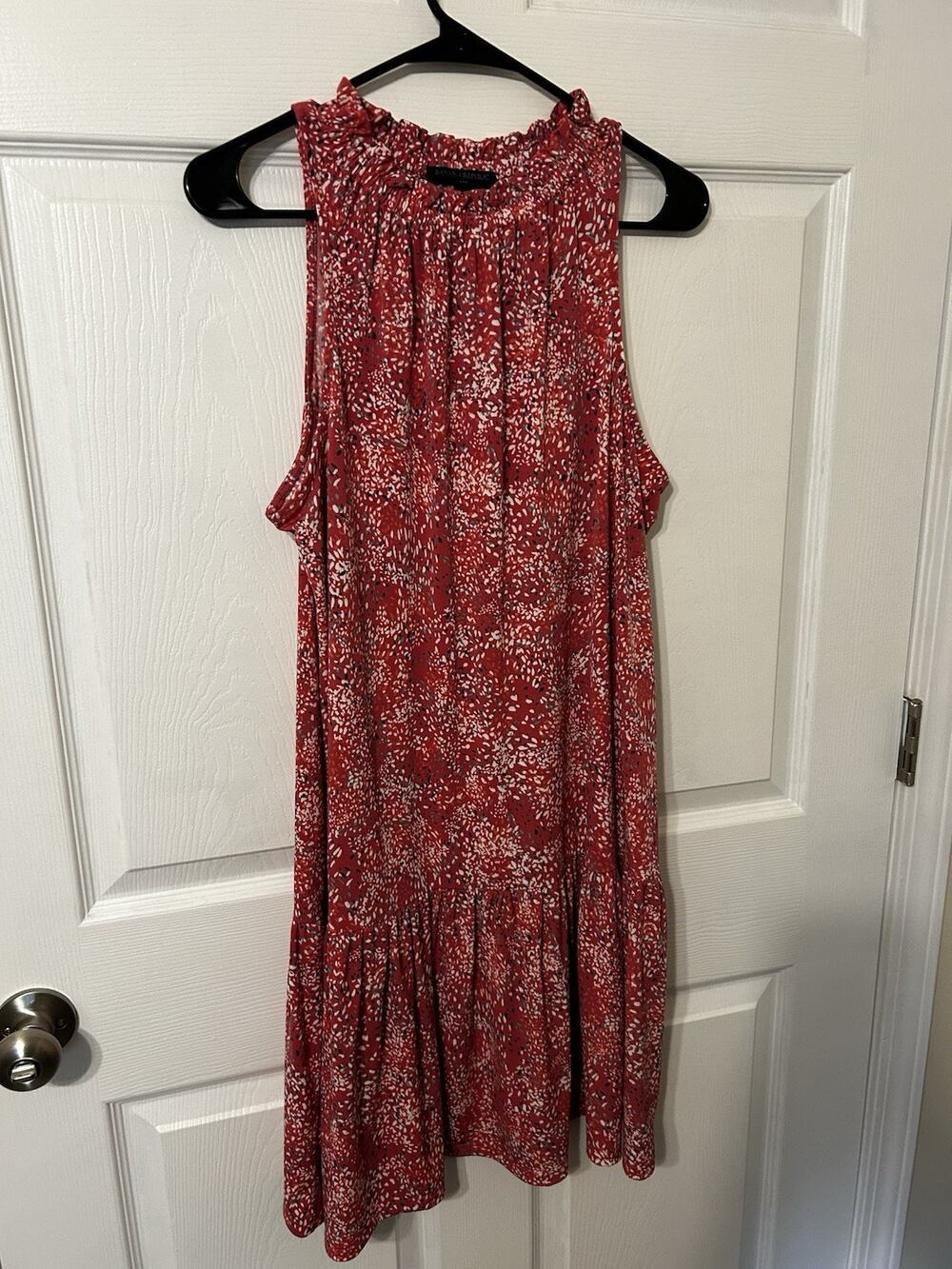 Loft Red Sleeveless Halter Sundress White Floral Pleated Bottom Tie Neck Sz XL